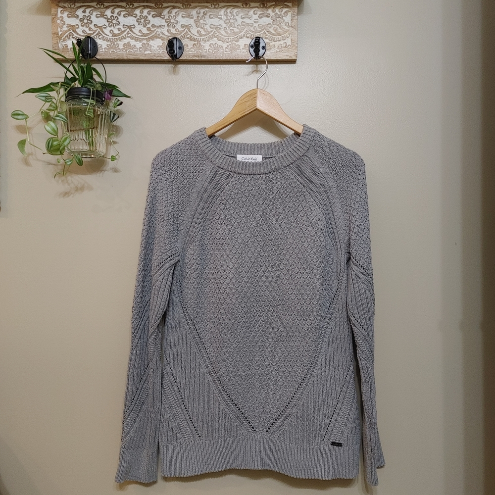 ⭐️Calvin Klein Knit Sweater Grey Intricate Pattern 60% Cotton Women’s Size XS